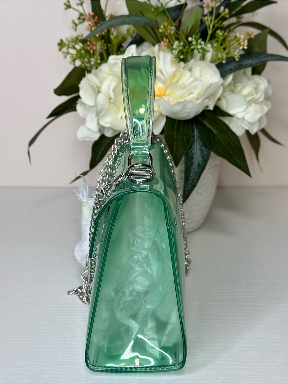 Green Jelly Top Handle Chain Crossbody Bag Transparent Mini Purse - Picture 4 of 5